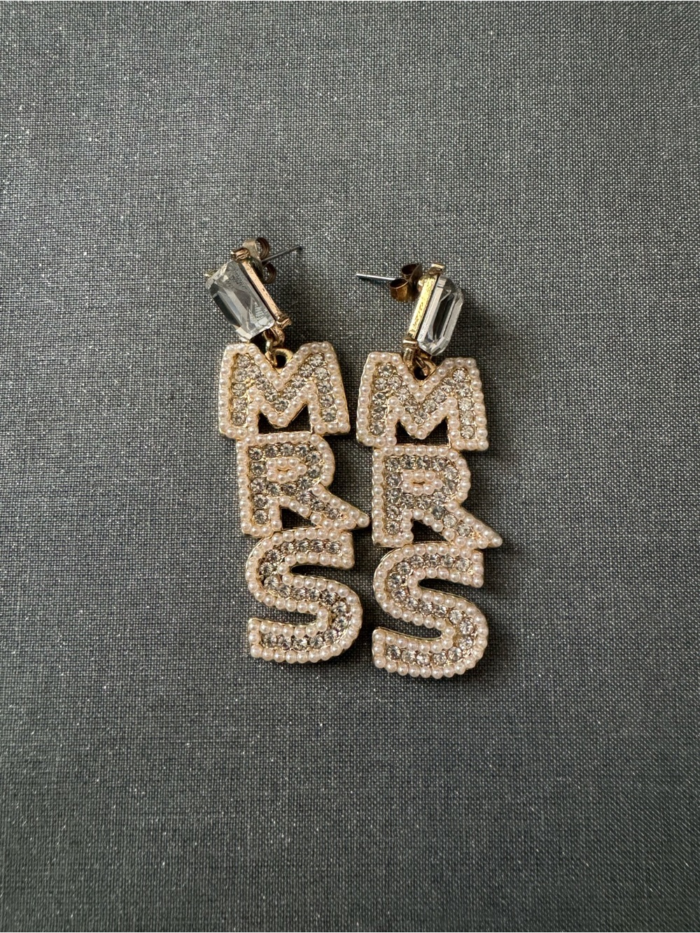 Rush by Denis & Charles Rhinestone 'M R S’ Drop Earrings in Gold Tone
